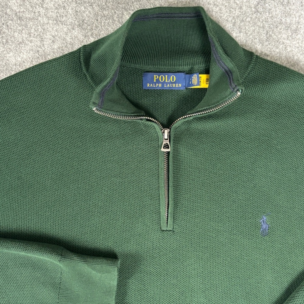 Polo Ralph Lauren Men Green mesh Knit 1/4 Zip Pullover Sweater